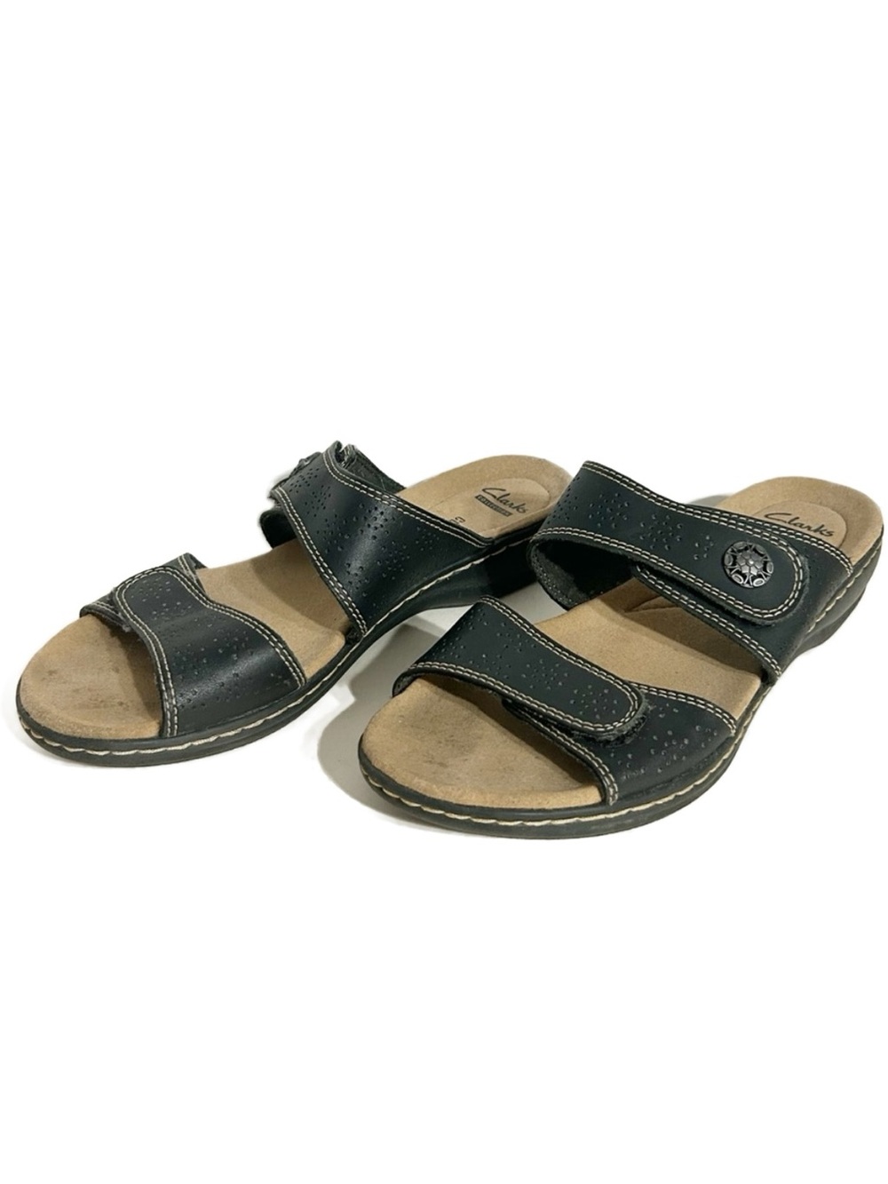 Clarks Collection Cushion Soft Black Leather Slide Sandals – Women’s Size 7.5 M